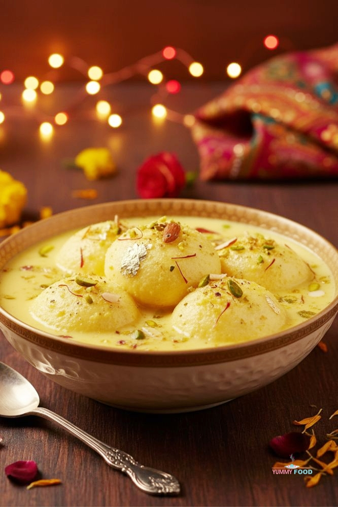 Rasmalai served in chilled saffron milk with pistachio garnish