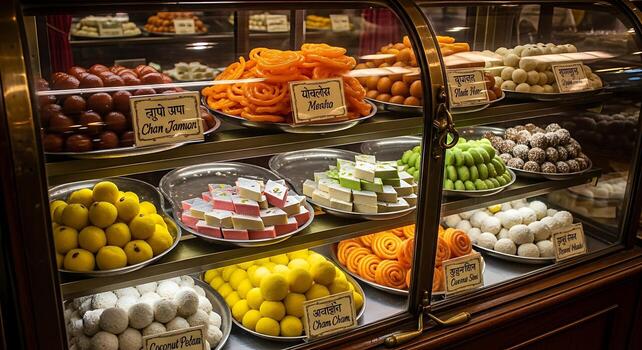 Inside Keshav Reddy Pure Ghee Sweets — the main counter with fresh sweets displayed in brass trays